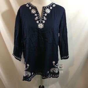 Alfred Dunner navy 3/4 sleeve top, white embroidery - womens 16, NWT - armpit to